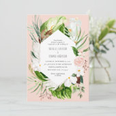 ピンク、ティール（緑がかった色）+蘭の熱帯フローラ結婚式の招待 セーブザデート (スタンド正面)