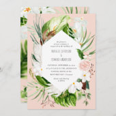 ピンク、ティール（緑がかった色）+蘭の熱帯フローラ結婚式の招待 セーブザデート (正面/裏面)