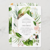 ピンク、ティール(緑がかった色)+蘭の熱帯フローラ結婚式の招待 セーブザデート (正面/裏面)