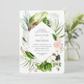 ピンク、ティール(緑がかった色)+蘭の熱帯フローラ結婚式の招待 セーブザデート (スタンド正面)