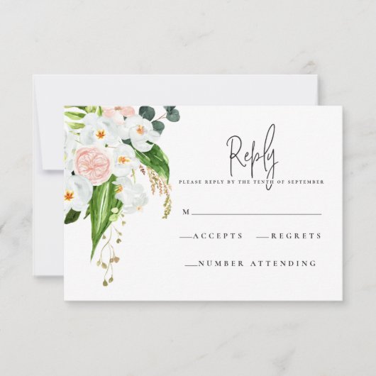 ピンク、ティール(緑がかった色)、蘭の熱帯フローラR.S.V.P 出欠カード (正面)