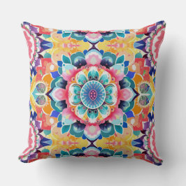 ピンク、ティール(緑がかった色)、黄色のマンダラタイル クッション