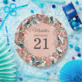 ピンク ティール 花柄 21歳の誕生日 ペーパープレート (パーティー)
