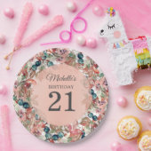 ピンク ティール 花柄 21歳の誕生日 ペーパープレート (パーティー)