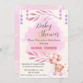 ピンク、テディベア、バルーン、ガールベイビーシャワー 招待状 (正面/裏面)