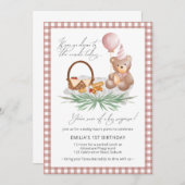 ピンク・テディ・ベア・バルーン・ピクニック第1誕生日  招待状 (正面/裏面)