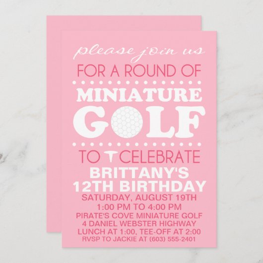 ピンク·テ淡い色のィー·タイム·ミニチュア·ゴルフ·バースデー·パーティー 招待状 (正面/裏面)