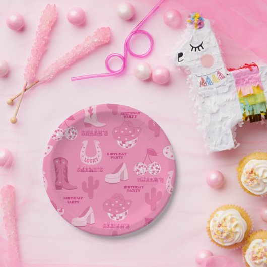ピンク |ディスコ女性のカーボーイ誕生日パーティー ペーパープレート (パーティー)