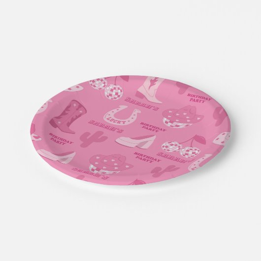 ピンク |ディスコ女性のカーボーイ誕生日パーティー ペーパープレート (アングル)