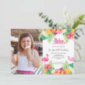 ピンク | トロピカルフラミンゴルアウ（ハワイ式宴会）フォト誕生日 招待状 (スタンド正面)