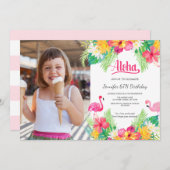 ピンク | トロピカルフラミンゴルアウ（ハワイ式宴会）フォト誕生日 招待状 (正面/裏面)