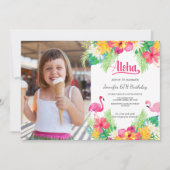ピンク | トロピカル フラインゴ ルアウ フォト バースデー 招待状 (正面)