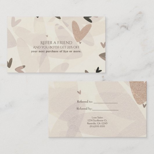 ピンク&トープハートモダンシック友人を参照 紹介カード (正面/裏面)