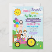 ピンク ドライブ バイ バースデー パーティー パレード ファーム ガール 招待状 (正面)