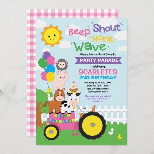 ピンク ドライブ バイ バースデー パーティー パレード ファーム ガール 招待状 (正面/裏面)