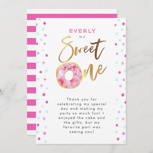 ピンク·ドーナツの誕生日パーティー サンキューカード (正面/裏面)