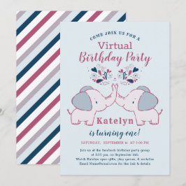 ピンク&ネイビーかわいい象のバーチャル誕生日パーティー 招待状