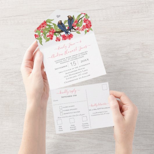 ピンク&ネイビーシークレットローバードフォレスト庭園の結婚式 オールインワン招待状 (貼ってはがせる)