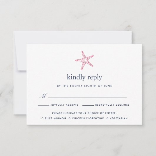 ピンク&ネイビースターフィッシュRSVPカードと食事の選択 出欠カード (正面)