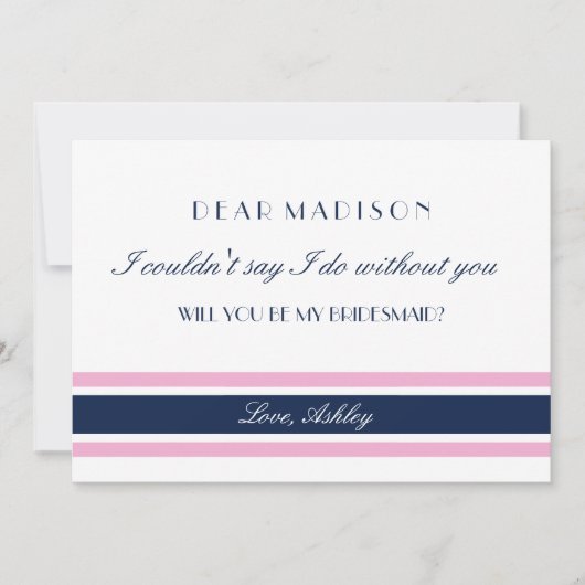 ピンク&ネイビーストライプブルーの服を着て私の花嫁になる 招待状 (正面)