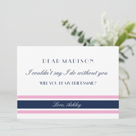 ピンク&ネイビーストライプブルーの服を着て私の花嫁になる 招待状 (スタンド正面)