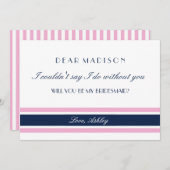 ピンク&ネイビーストライプブルーの服を着て私の花嫁になる 招待状 (正面/裏面)