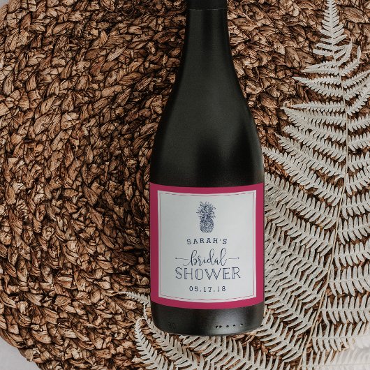 ピンク&ネイビーパイナップルブライダルシャワーワインラベル ワインラベル