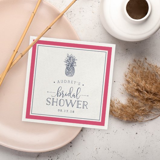 ピンク&ネイビーパイナップルブライダルシャワー スタンダードカクテルナプキン