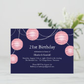 ピンク&ネイビーパーティーランタン21歳誕生日招待状 招待状 (スタンド正面)