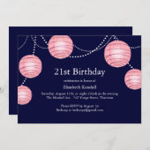 ピンク&ネイビーパーティーランタン21歳誕生日招待状 招待状 (正面/裏面)