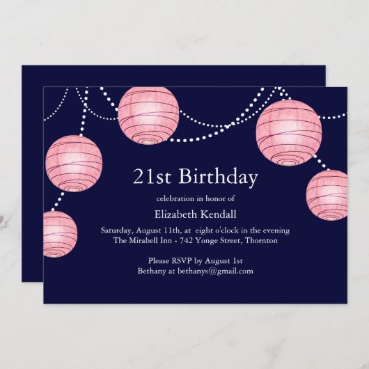ピンク&ネイビーパーティーランタン21歳誕生日招待状 招待状 (正面/裏面)