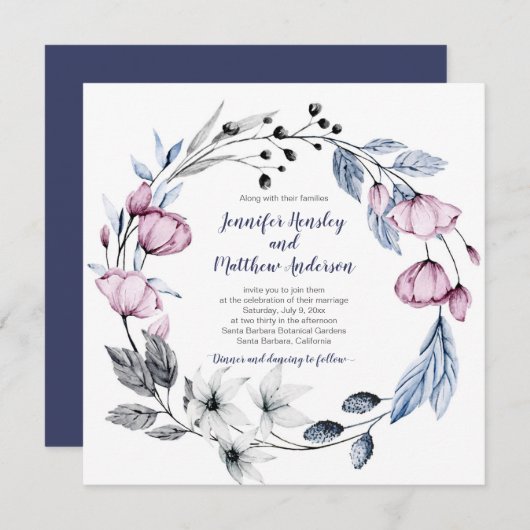ピンク&ネイビーブルーウォーターフローラリース結婚ズ 招待状 (正面/裏面)