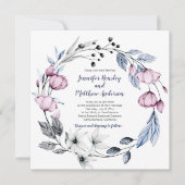 ピンク&ネイビーブルーウォーターフローラリース結婚ズ 招待状 (正面)
