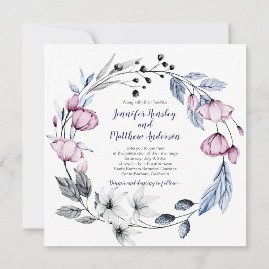 ピンク&ネイビーブルーウォーターフローラリース結婚ズ 招待状 (正面)