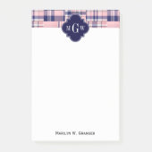 ピンク、ネイビーブルーパッチワーク名門私立校風のマドラスモノグラム ポストイット (正面)