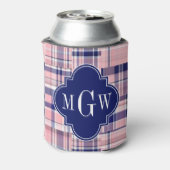 ピンク、ネイビーブルーパッチワーク名門私立校風のマドラスモノグラム 缶クーラー (缶裏面)