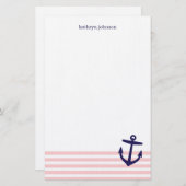 ピンク&ネイビーブルー航海のストライプいかり&かわいい 便箋 (正面/裏面)