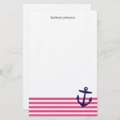 ピンク&ネイビーブルー航海のストライプいかり&かわいい 便箋 (正面/裏面)