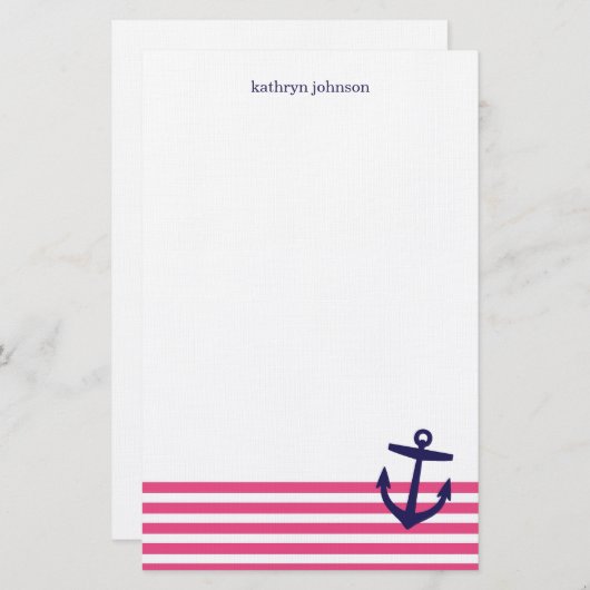 ピンク&ネイビーブルー航海のストライプいかり&かわいい 便箋 (正面/裏面)