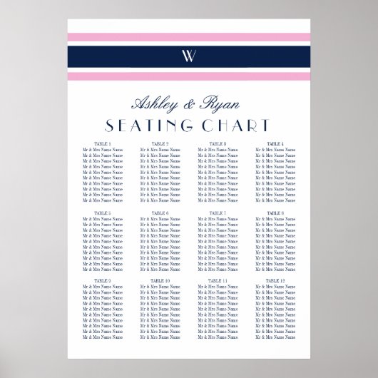 ピンク&ネイビーブルー12テーブル座席表 ポスター (正面)