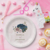 ピンク ネイビーブルー 花 ボタニカル ウェディング ペーパープレート (パーティー)