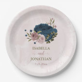 ピンク ネイビーブルー 花 ボタニカル ウェディング ペーパープレート (正面)