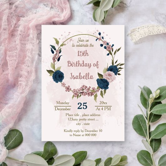 ピンク ネイビーブルー 花 植物 誕生日 招待状