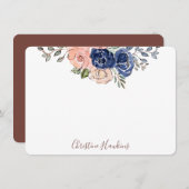 ピンク&ネイビー水彩フローラ開花パーソナライズされたN ノートカード (正面/裏面)