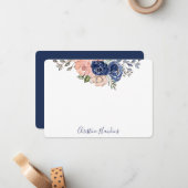 ピンク&ネイビー水彩フローラ開花 パーソナライズされた ノートカード (正面/裏面インサイチュ)