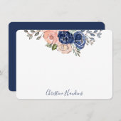 ピンク&ネイビー水彩フローラ開花 パーソナライズされた ノートカード (正面/裏面)