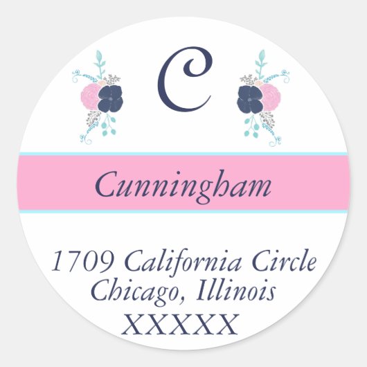 ピンク、ネイビー、ティール(緑がかった色)フローラ差出人住所ラベル- ラウンドシール (正面)