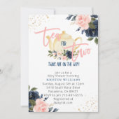 ピンク ネイビー フラワーツインズ お茶の時間 双子 ベビーシャワー 招待状 (正面)