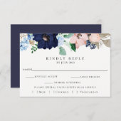 ピンク + ネイビー フラワー ウェディング RSVP 食事選択カード (正面/裏面)