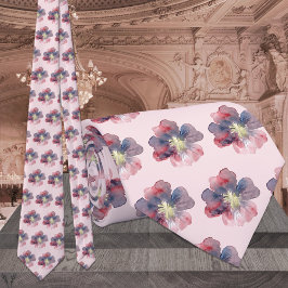 ピンク & ネイビー フローラル エバー ウォーターカラー ペイント ウェディング ネクタイ